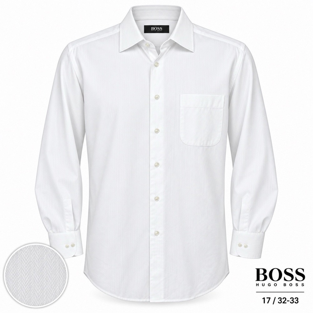 Hugo Boss Men's Dress Shirt 17 32/33 White Herringbone Long Sleeve Button Up